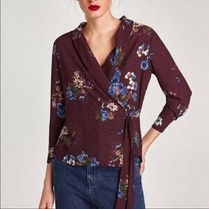 Zara Women's Dark Academia Floral Wrap Long Sleeve Blouse Top, Burgundy, Size S